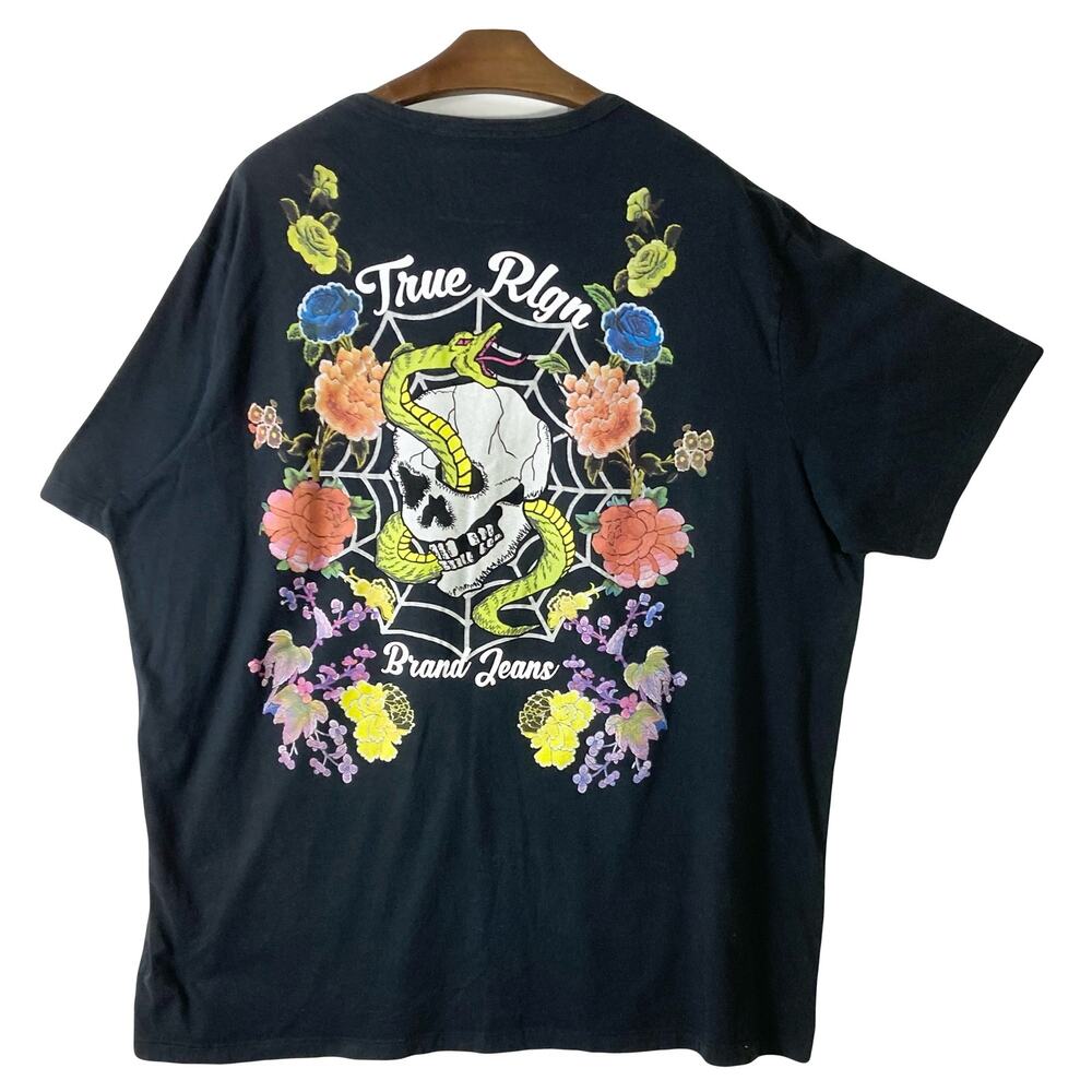 NWOT TRUE RELIGION T-Shirt Men 4XL Black Graphic Floral Snake Skull Short-Sleeve